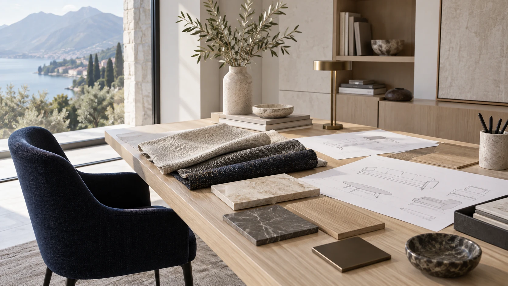 Material palette and drawings for an interior selection